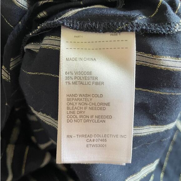 Ellen Tracy M Sleeveless Tie Front Top | Navy Blue Gold Stripe Soft Drape Career - Picture 6 of 6